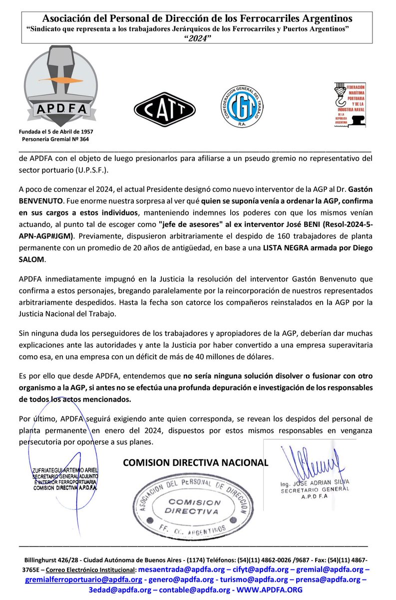 Comunicado de <a href="/apdfanacional/">A.P.D.F.A.</a>: disolución de la Administración General de Puertos y sus responsables