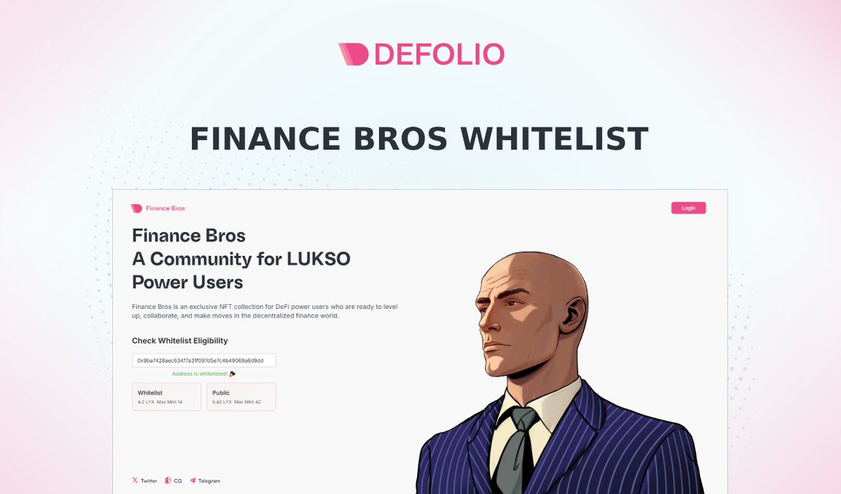 1/ 🚨 Mint Announcement 🚨

The <a href="/financebros42/">Finance Bros</a>  mint is happening in January 2025 to celebrate 1 year on LUKSO! 🎉

Wondering if you made it to the whitelist? Check here: 
de-folio.com/whitelist

Here’s how we made the process transparent and verifiable 👇