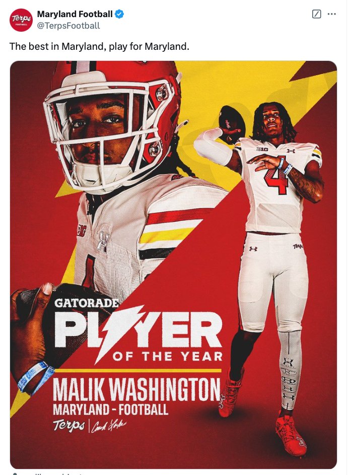 ChuckDouglas_'s tweet photo. 2024 Gatorade Player of the Year! 

Congrats to Maryland signee, QB Malik Washington..  Archbishop Spalding, Severn, MD.. @Gatorade @TerpsFootball #TBIA #C2IBT5LK @TheMovementUMD #FreeGrandma #StatePride #Play4More @malikw2025 https://t.co/ZlqlXdiuFx