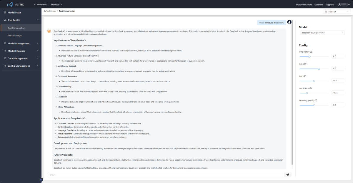 DeepSeek-V3 is now up on ScitiX. You can try it in the Trial Center or use the API directly. 
Try it: console.scitix.ai
#DeepSeekV3 #LLMs