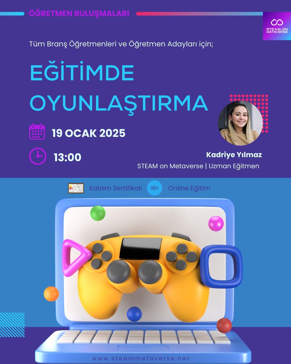 Derslerinde oyunlaştırmayı hedefleyen tüm branş öğretmen ve öğretmen adaylarını eğitimimize bekleriz.

- Eğitime buff.ly/3Yno3Li adresinden veya bio da yer alan linkten kayıt olabilirsiniz.