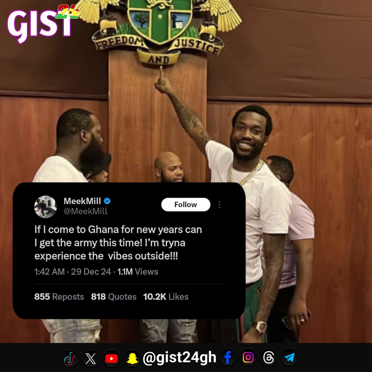 Drama follows Meek Mill! 😅 He's now requesting an "army" escort for his next visit to Ghana. What do you think is going on? #MeekMill #Ghana #Gist24gh