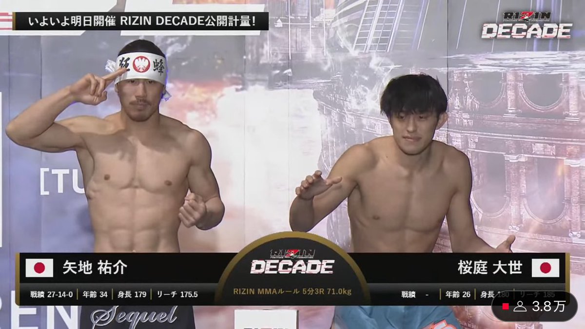 RIZIN計量結果📝

矢地祐介、桜庭大世 両者クリア！

youtube.com/live/8YkexK5K-…より
#RIZIN_DECADE #RIZIN49