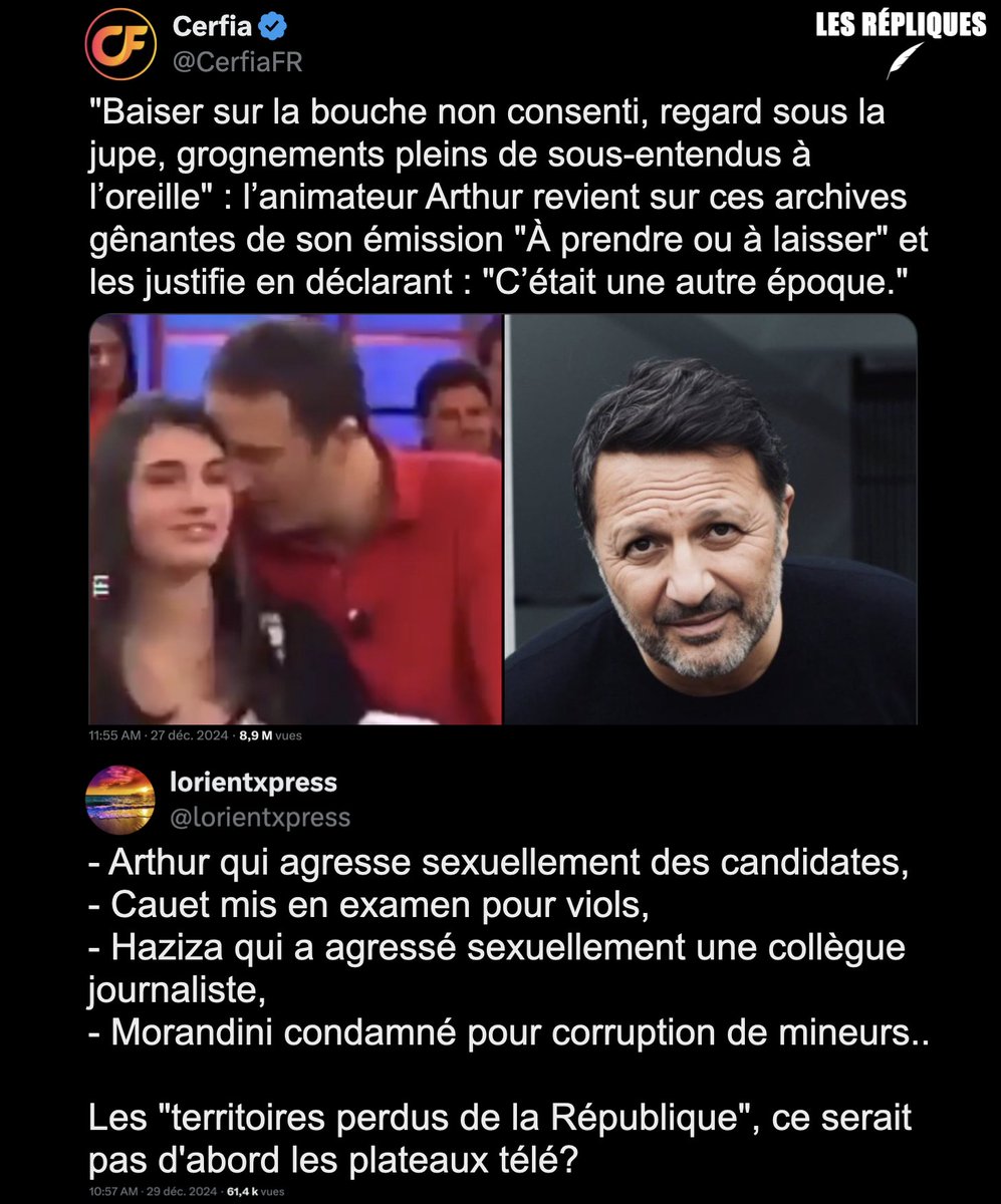 Les_Repliques's tweet image. "Plus tu me résistes, plus je te dompterai" ou "Ohhh Rrrrrrrrrrr", ou "Enfin on voit vos jambes", ou "C'est sexyyyy", ou "J'ai toujours aimé les femmes qui me résistaient qui me parlaient mal", ou "Qu'est ce qui nous arrive ?" en reniflant les cheveux d'une candidate :…
