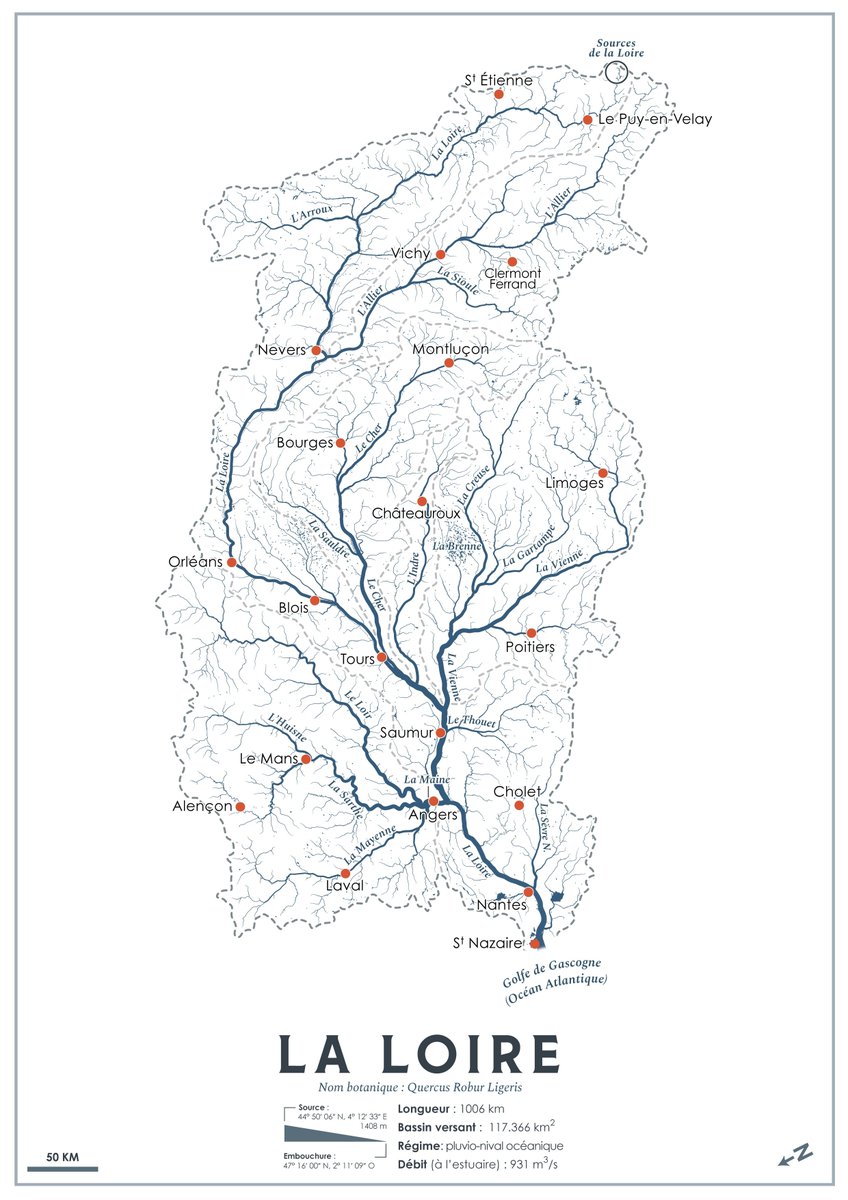 Le portrait d'un fleuve, en carte. 🗺️
C'est signé <a href="/PerrinRemonte/">Perrin Remonté</a> et c'est magnifique.

La #carte est orientée par les ramures du fleuve : l'amont au Nord, l'aval au Sud. La source et l'embouchure, comme point d'entrée et de sortie de la carte, telle nouvelle boussole.

La Loire