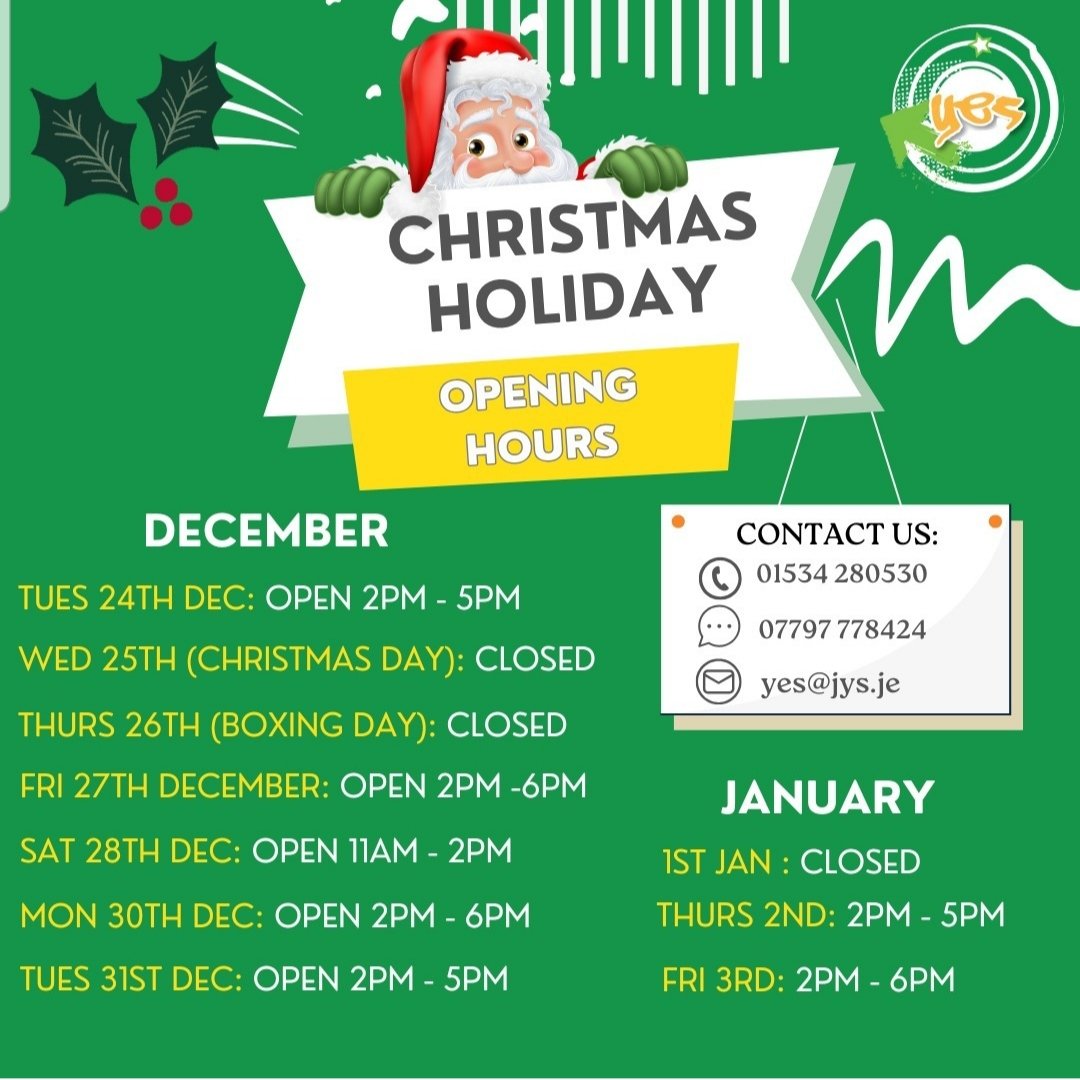 Please see below the opening times over the festive period for the Youth Enquiry Service, the Islands Information, advice &amp; counselling project for under 25yrs.

Information &amp; advice is available 24/7 at yes.je