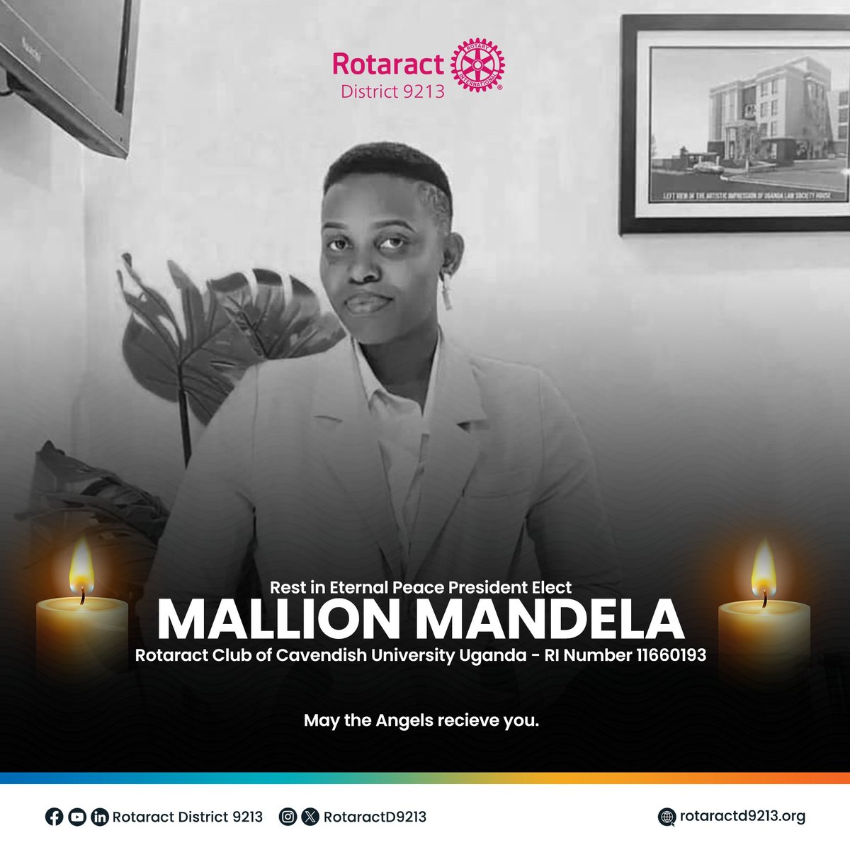RotaractD9213's tweet photo. It is with profound sadness that Rotaract District 9213 announces the passing of Mandela Million, President Elect of the Rotaract Club of Cavendish University.

Her commitment to making a positive impact on our communities was unwavering, and she will be deeply missed. https://t.co/wlvNmG0gAM