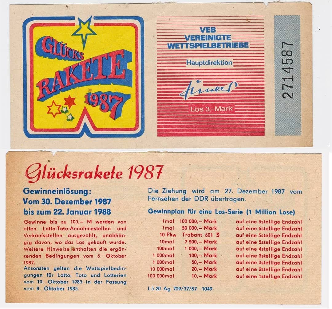 DDR_Reklame's tweet image. Neben verschiedenen Lotterien und Sportwetten veranstalteten die VEB Vereinigte Wettspielbetriebe auch die #Silvester #Glücksrakete #Lotterie. Im Gegensatz zu anderen Gewinnspielen, hat diese 1976 begründete Tradition weiterhin bestand. #Lotto #DDR #GDR #EastGermany #Ostalgie