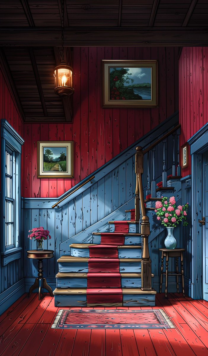 ♥ﮩ٨ـﮩ  𝗚𝗼𝗼𝗱 𝗠𝗼𝗿𝗻𝗶𝗻𝗴 ﮩـ٨ﮩ♥

Morning's glow, stairs of hue,
Red and blue, dreams anew.
Lantern's warmth, flowers near,
In this space, find peace here.
Dawn's embrace, worries cease,
A new day's gentle release.

♥ﮩ٨ـﮩ  𝗛𝗮𝗽𝗽𝘆 𝗠𝗼𝗻𝗱𝗮𝘆  ﮩـ٨ﮩ♥