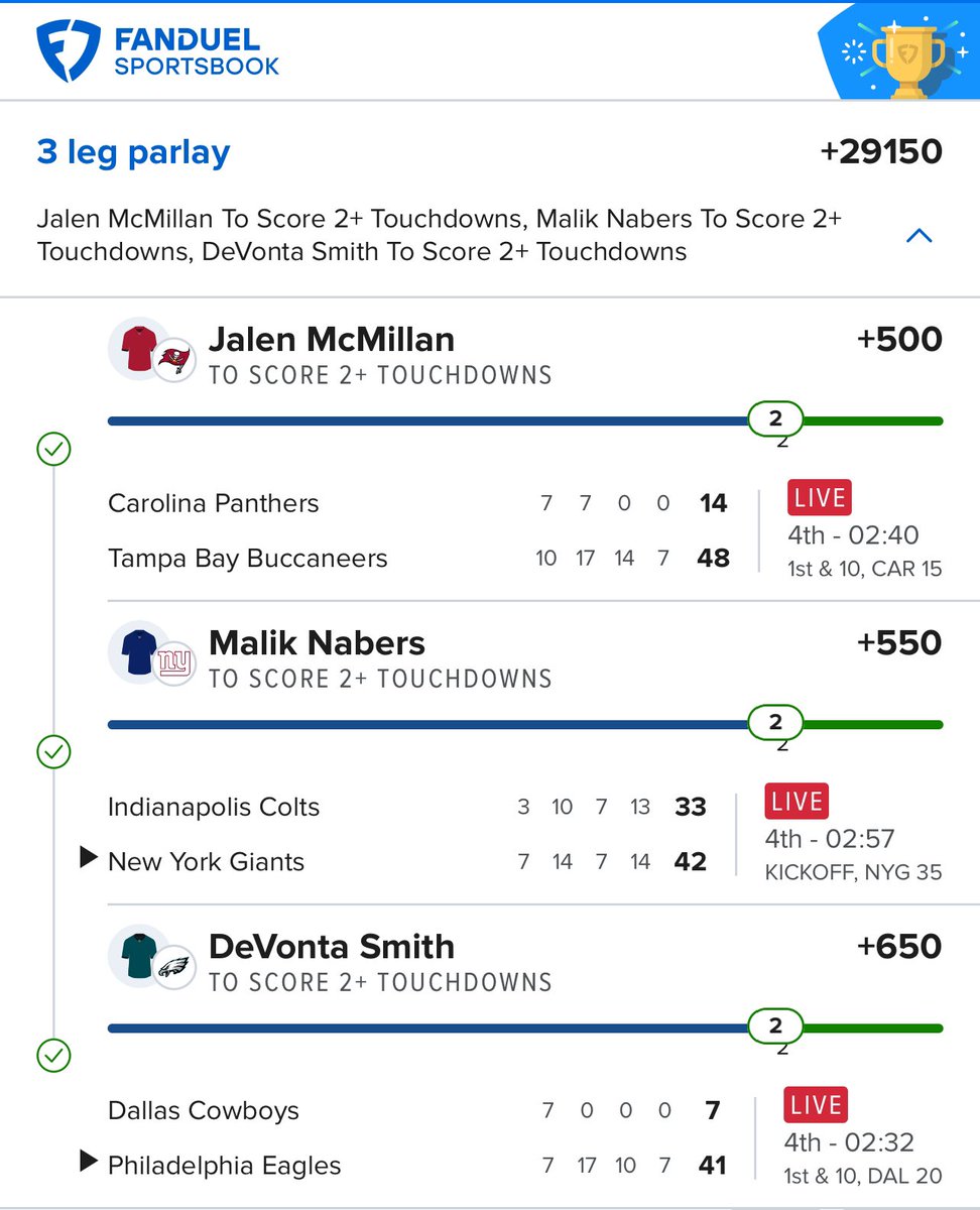 Thank you ✅

Jalen McMillan 2+ TDs✅
Malik Nabers 2+ TDs✅
DeVonta Smith 2+ TDs✅

#fanduel