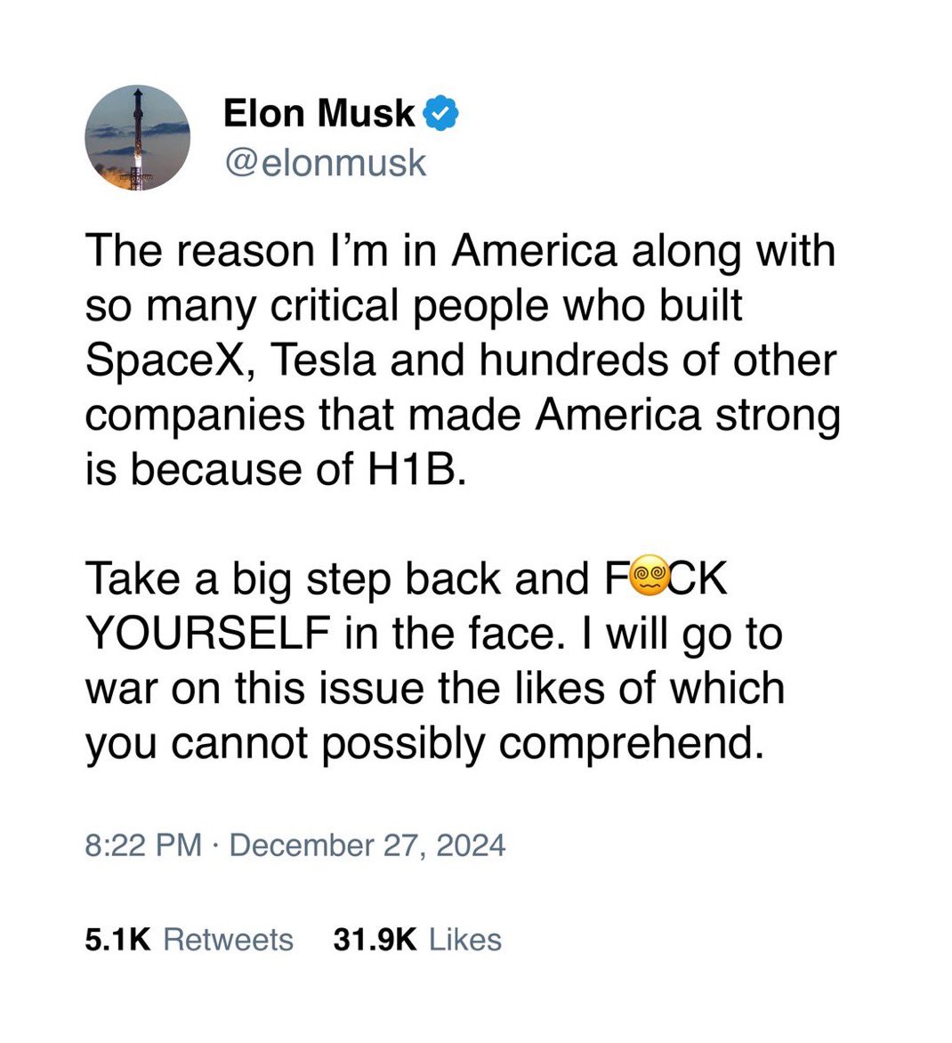 Elon Musk didn’t build his empire on an H1B visa.

He slipped into the U.S. on a student visa he never intended to use, violating its terms to work and establish his foothold.

His revisionist tale of humble beginnings isn’t just about shaping his image—it’s a calculated effort