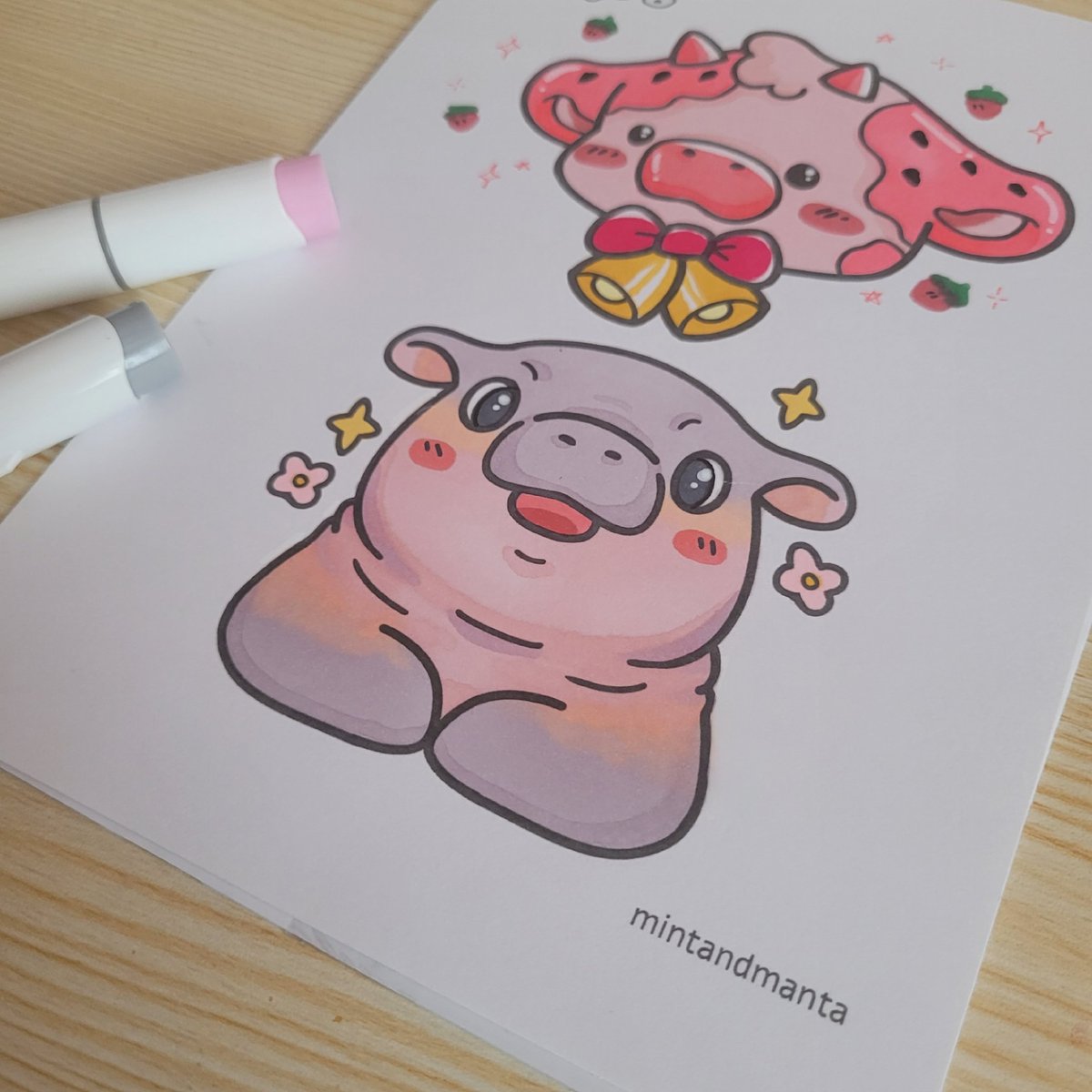 MintAndManta's tweet photo. Strawberry cow and a cutie hippo!♡ #coloringbook https://t.co/82eTmXd0C4