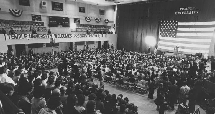 Our thoughts and prayers go out to the family and friends of former President and #NobelPeacePrize winner Jimmy Carter. We remember his visit to <a href="/TempleUniv/">Temple University</a> in 1980.