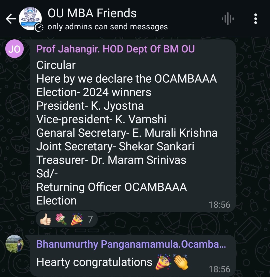 ocambaaa_in's tweet photo. Election Returning Officer for #OCAMBAAA Has declared the result of winners, who will be taking charge of the term 2025-2026 and discharge thier Honorary duties towards building #OCAMBAAA faternity at our Alma Mater-Dept of Business Management at Osmania University Campus. https://t.co/vEsrd3hzqL