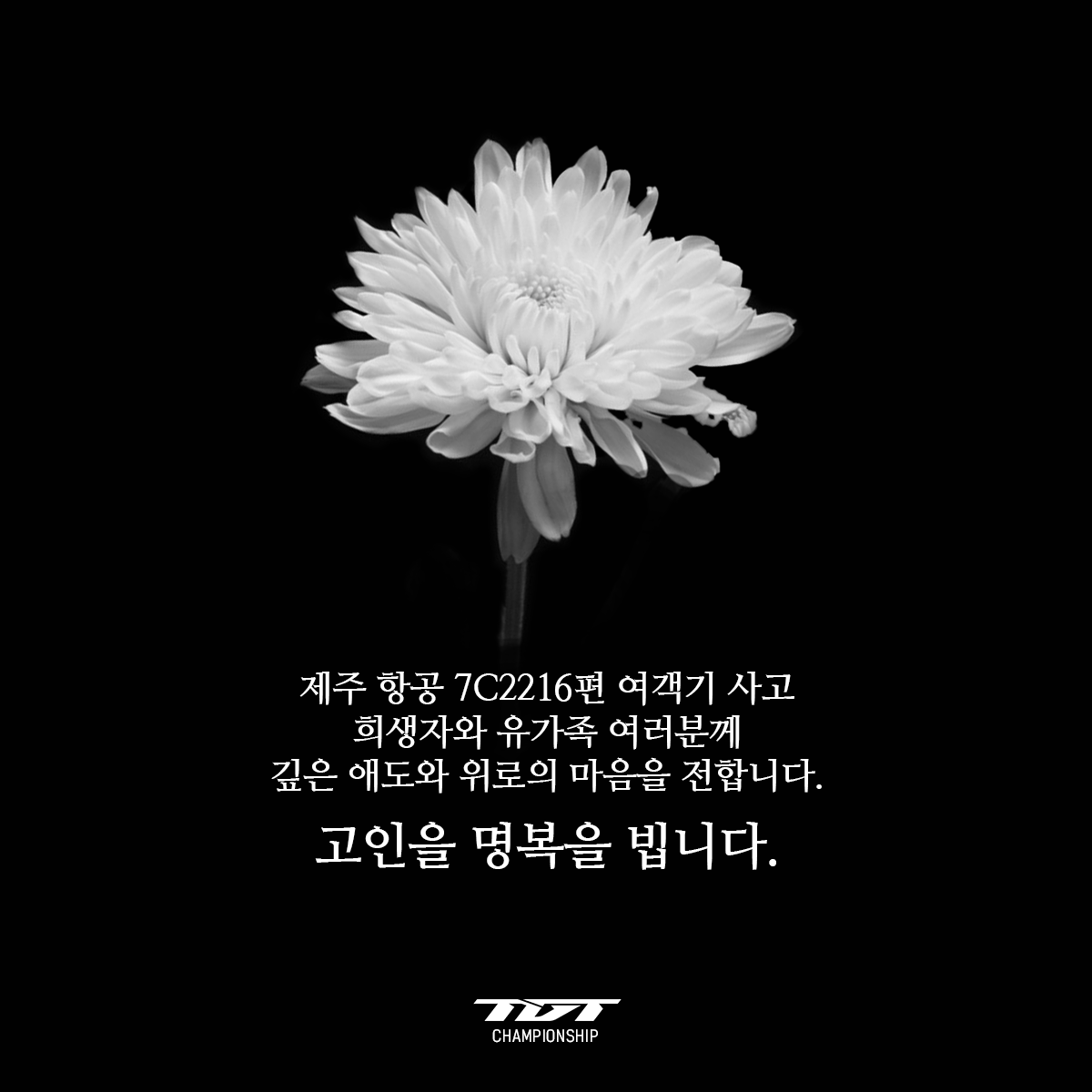 In honor of the victims of the Jeju Air Flight 7C2216 crash, we extend our deepest condolences and sympathies to their families.

May they rest in peace.

제주 항공 7C2216편 여객기 사고 관련 희생자를 추모하며, 유가족 여러분께 깊은 애도와 위로의 마음을 전합니다.

고인의 명복을