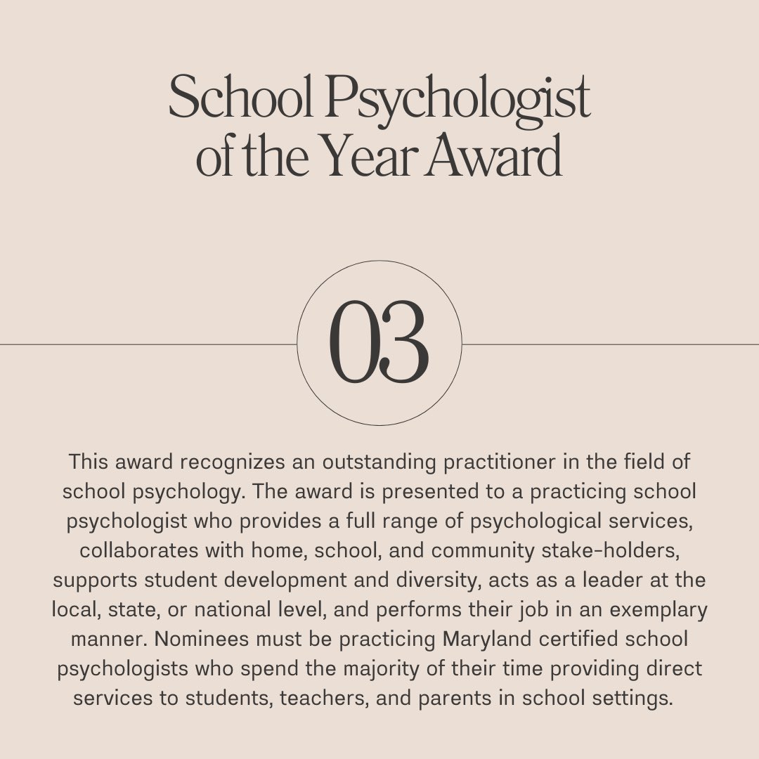 The search is underway for Maryland School Psychologists’ Association’s 2025 School Psychologist of the Year, Outstanding Advocate, and Outstanding Educator. 🏆 

Nominations are to be submitted by Friday, February 28, 2025.

Check out: mspaonline.org/awards/ for more info.