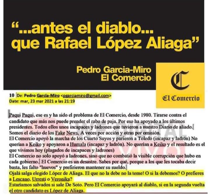 FAMILIA MIROQUESADA, CON EXCEPCIONES HONROSAS, LIDERADA POR JOSÉ GRAÑA, HA TRAICIONADO AL PERÚ. HA SIDO, Y SIGUE SIENDO CÓMPLICE DE LA CORRUPCIÓN BRASILEÑA Y DEL CLUB DE LA CONSTRUCCIÓN. HA RECIBIDO MERMELADA DE GOBIERNOS CORRUPTOS PARA TAPAR SUS GENOCIDIOS Y MENTIRAS. DA ASCO..!