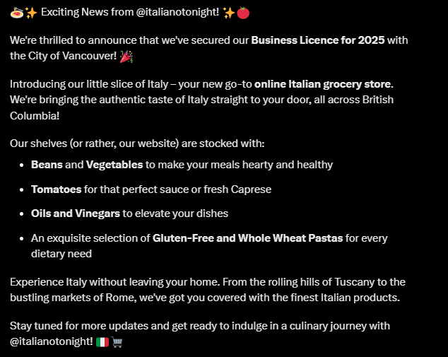 We are excited to start our second full year of business with Vancouver and the rest British Columbia. 

Felice Anno Nuovo 🎉