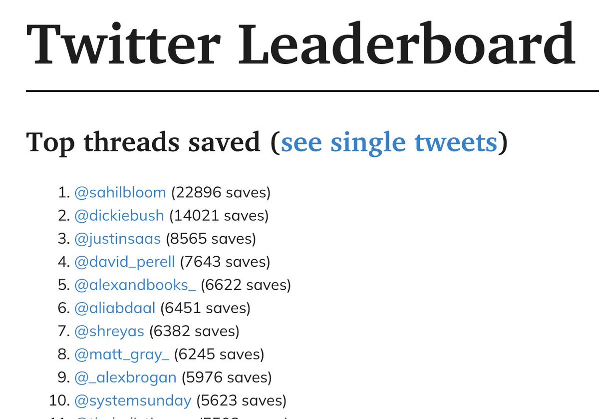 Jackywine's tweet image. 教你一招，我平时直接也用的信息源查找大法，希望能给你不一样的找资源思路
首先，@readwise   这样的收藏夹工具，本质上是 无数人类精挑细选出来的优质信息，我刚刚好发现了它在推特上的保存排行榜：
排名第一的 @SahilBloom 也是 我关注的博主，也是畅销书《五种财富》的作者