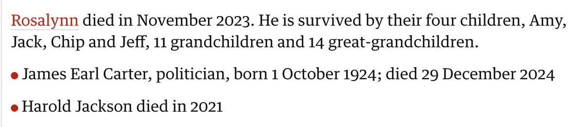 Both the New York Times and Washington Post obituaries for Jimmy Carter have joint bylines including writers who have been dead for years. The Guardian ran an obit with a single byline—and yes, the writer has been dead since 2021.