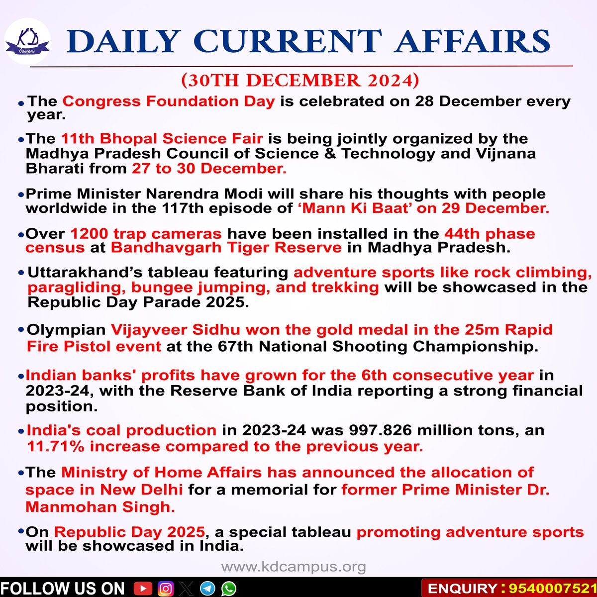 KDCurrentUpdate's tweet image. Current Affairs 30th December 2024 (English) #CurrentAffairs #CurrentUpdates