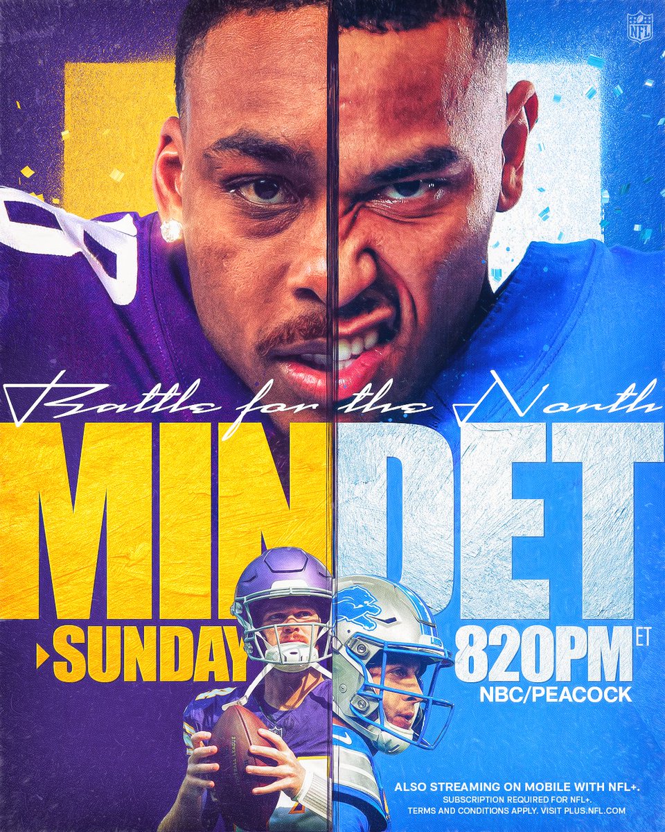 NFL (@nfl) on Twitter photo Game 272.
<a href="/Vikings/">Minnesota Vikings</a> vs. <a href="/Lions/">Detroit Lions</a> for the NFC North and the No. 1 seed.
Sunday Night Football. Game 272.
<a href="/Vikings/">Minnesota Vikings</a> vs. <a href="/Lions/">Detroit Lions</a> for the NFC North and the No. 1 seed.
Sunday Night Football.