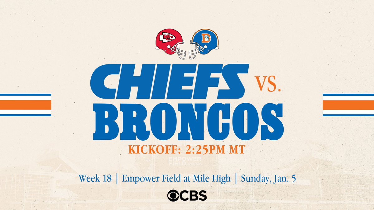 Broncos's tweet image. Our Week 18 matchup is set.

#KCvsDEN will kick off at 2:25pm MT on Sunday, Jan. 5 on CBS.

📰 » buff.ly/4iZ2jQv