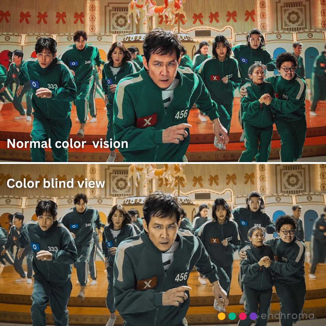 enchroma's tweet image. Squid Game like you’ve never seen before 🎨✨ Who knew those iconic green and pink outfits could look washed out? 🟢🎭🔴

#SquidGame #ColorBlindAwareness #SeeTheDifference #EnChroma #Netflix #ColorBlind #ColorBlindness