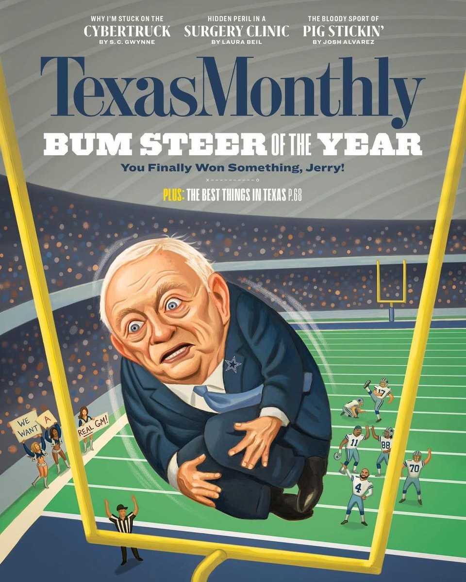 Texas Monthly,

I already loved you for your Top 50 BBQ List. 

“Under his [Jerry Jones] ownership, the Dallas #Cowboys have become a moneymaking mediocrity. For transforming America’s Team into America’s Punch Line, we’re giving Jones our magazine’s highest dishonor. “