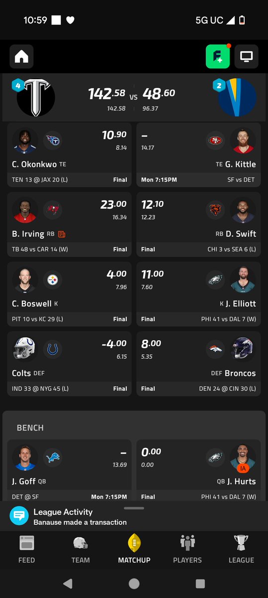 Going for a second championship in the <a href="/NFLFantasy/">NFL Fantasy Football</a> league. Currently Up by 93.9 points. My opponent has Purdy, Kittle, and St. Brown playing tomorrow. #FantasyChampionship