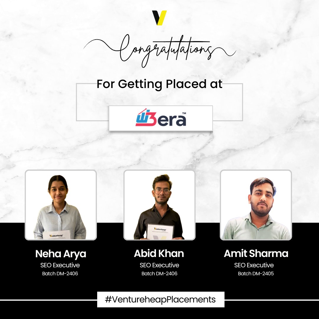 vh_academy's tweet image. 🌟 Dreams in action!
.
Congratulations to Neha Arya, Aabid Pathan, and Amit Sharma for turning their hard work into success by getting placed at W3era. 🎉

#VentureHeapAcademy #DigitalMarketingSuccess #StudentAchievements #Placement2024 #DigitalMarketingCourse #PlacementDrive