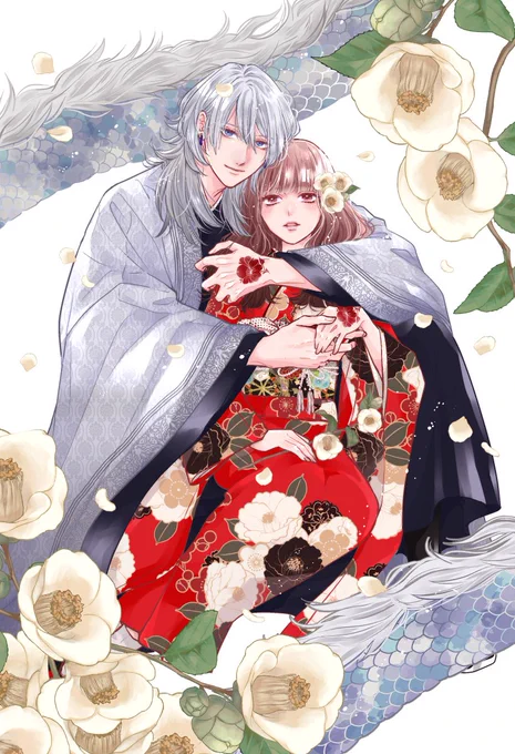 龍神と許嫁の赤い花印2巻の表紙の元絵になります～コミカライズということもあって、構図や色合いなども細かめに案が出されます後の流れは深愛と同じで3.4パターンラフを描いて採用されたもので完成させます! 