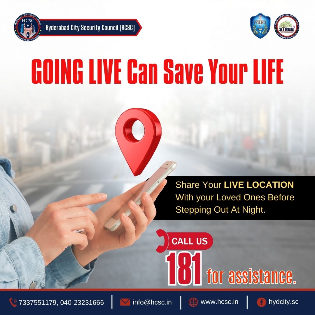 HCSC_Hyd's tweet image. 🌙 GOING LIVE Can Save Your LIFE

🚶‍♀️ Heading out at night? Stay safe by sharing your LIVE LOCATION with loved ones.

📍 It’s a simple step that ensures someone knows where you are at all times.

🛡️ Need help? Call 181 for assistance.

#SafetyFirst #StaySafe #LiveLocation #Call181