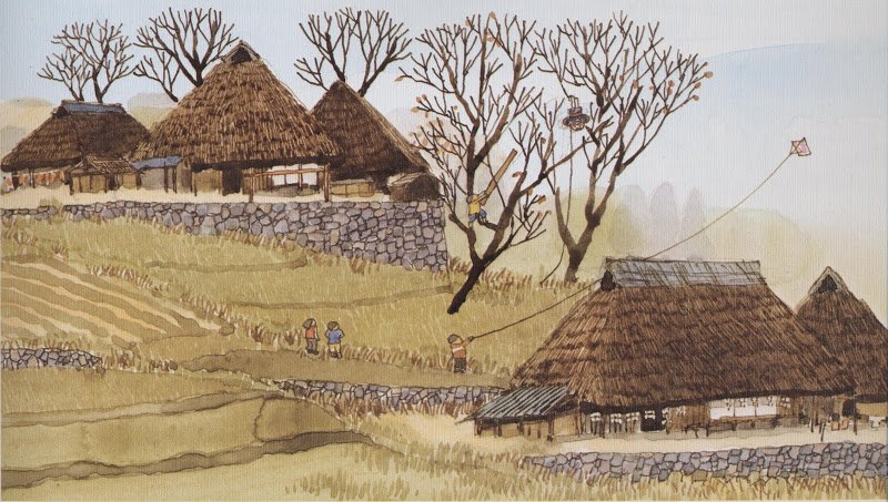 "kites rise 
 slow and easy... 
 a little village"  Issa Kobayashi

(image: Mitsumasa Anno)