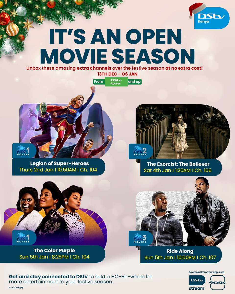 DStv_Kenya's tweet photo. Happy Holidays with Extra Channels! ππΊ #OpenMovieSeasonπ₯π₯πΊ
Binge all your holiday favorites and timeless classics, with no extra charge! πΏπ
To Stream π² https://t.co/I1rxYCU2i3
#StreamOnDstv #DStvOpenWindow #StreamOnTheGoodTimes https://t.co/UlKDiDqROE