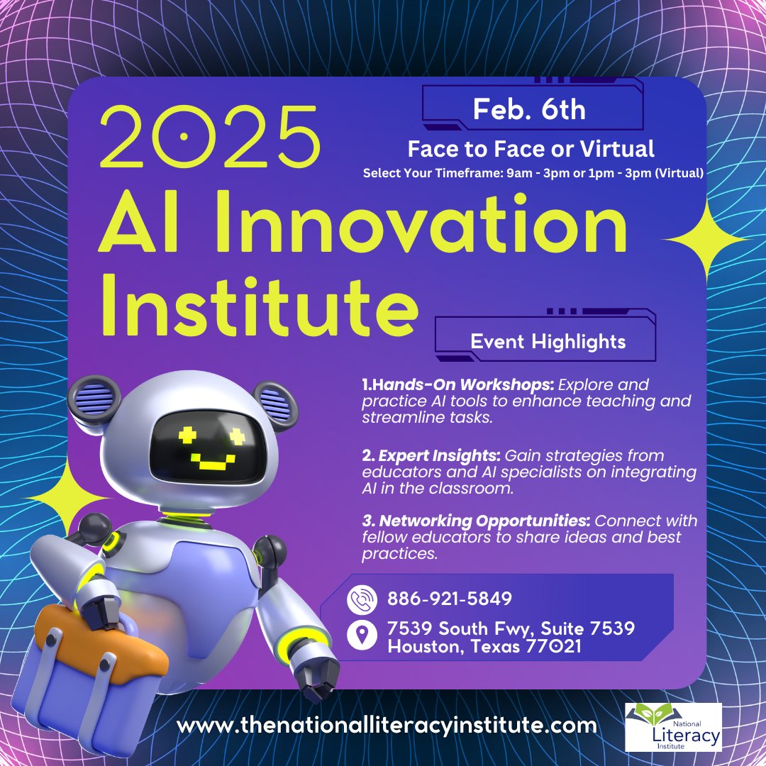 🚀 Join Us for the AI Innovation Institute!
📅 Date: February 6th
 📍 Location: NLI Training Center (7539 South Fwy, Suite 7539, Houston, TX)
 💻 Format: Face-to-Face (9 AM - 3 PM) or Virtual (1 PM - 3 PM)
Registration Face to Face: $189.00
Registration Virtual: $125.00