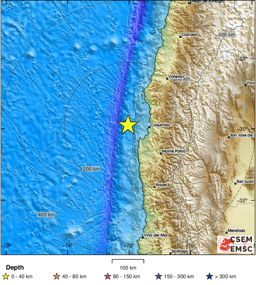 Temblor en región de Coquimbo, epicentro en el mar frente a La Serena. Magnitud estimada entre 5.7 y 6.2