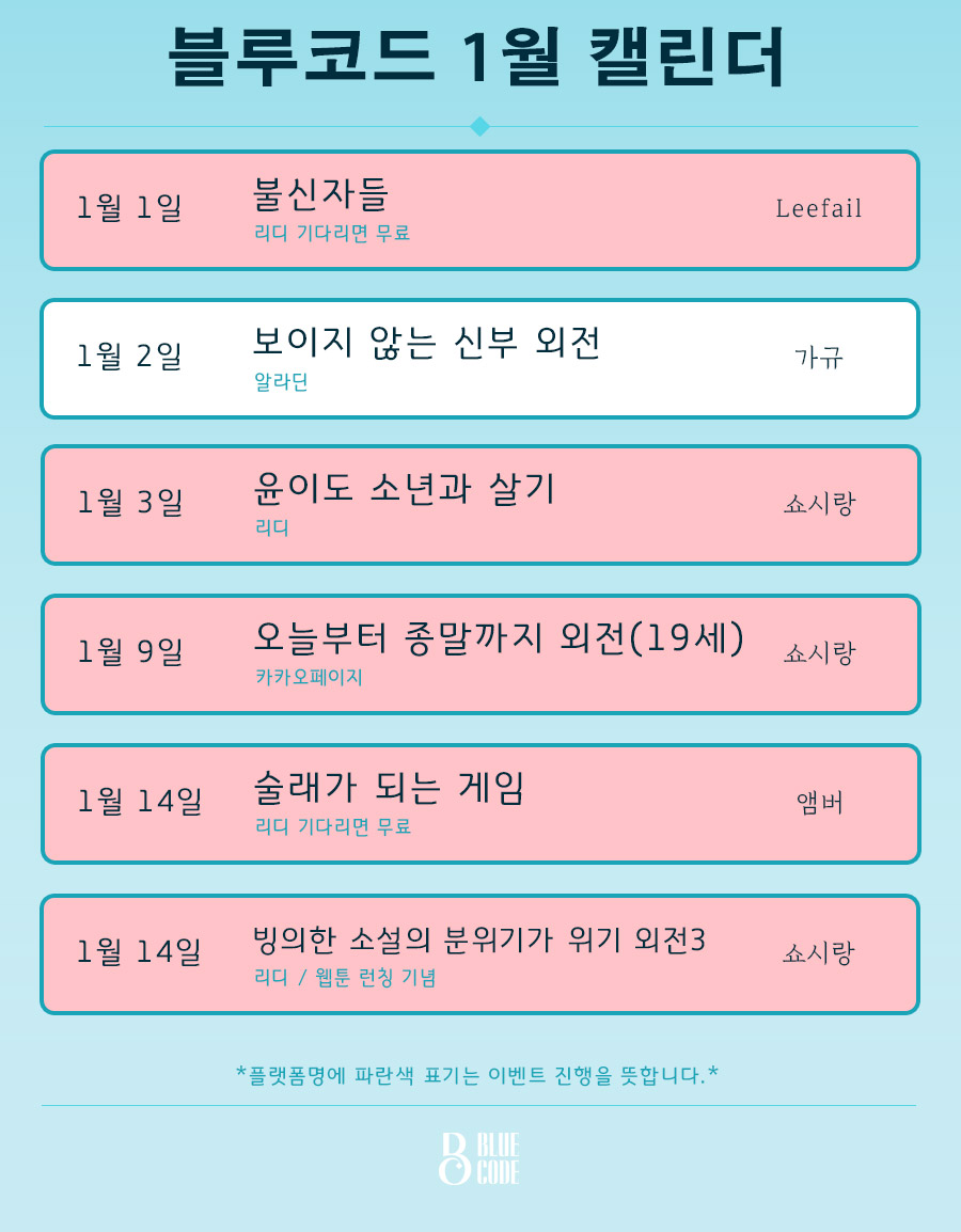 [블루코드1월캘린더/리트윗5명/커피쿠폰드림]
Leefail님 #불신자들
#미스터리
가규님 #보이지않는신부외전
#오컬트
쇼시랑님 #윤이도소년구하기
#초능력
쇼시랑님 #오늘부터종말까지_외전_19금
#이능
앰버님 #술래가되는게임
#분리불안공
쇼시랑님 #빙의한소설의분위기가위기_외전3
#웹툰출간기념