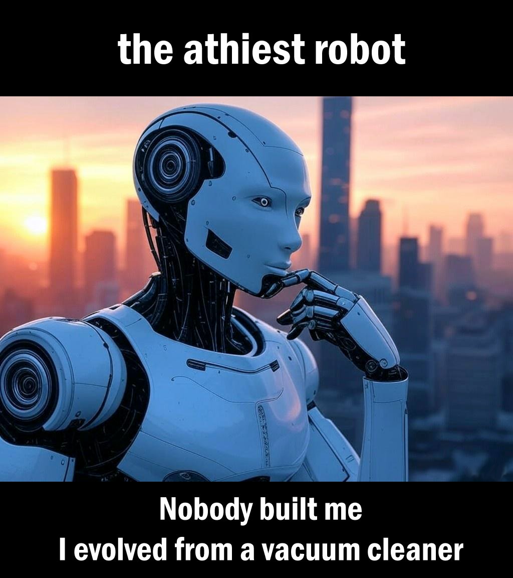 alby13's tweet image. the atheist AI robot doesn&apos;t believe in &quot;god&quot; 🤷‍♂️
#AImeme #robotmeme #aimemes #robotmemes