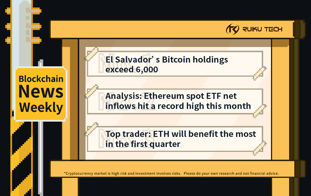 ruikutech's tweet photo. 🗞Blockchain News of the Week 📢
TOP1️⃣ El Salvador’s Bitcoin holdings exceed 6,000
TOP2️⃣ Analysis: Ethereum spot ETF net inflows hit a record high this month
TOP3️⃣ Top trader: ETH will benefit the most in the first quarter
#RuikuTech https://t.co/fSIP8KU2R2