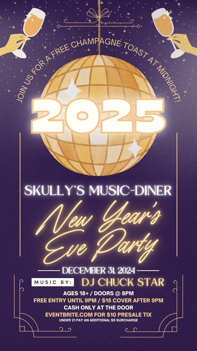 NYE 2025 PARTY!
Dj Chuck Star
Alternative Mix of 80s/90s/Now
Doors open 8pm
No Cover 'til 9pm
Cash Only at door
18y - $20
21y+ $15
Save a few bucks on presale tix
eventbrite.com/e/skullys-musi…