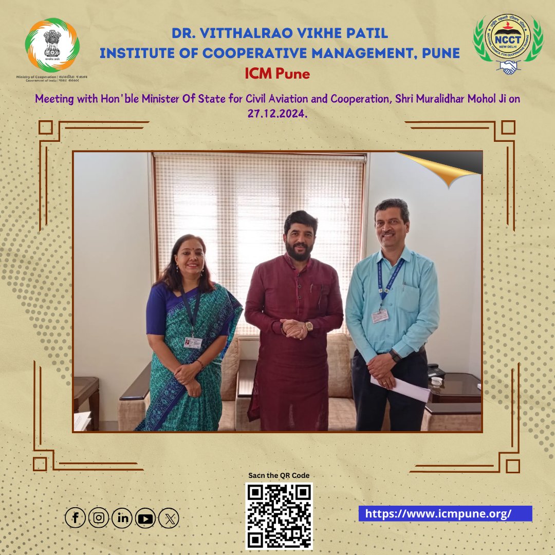 ncct_icmpune's tweet photo. @MinOfCooperatn Meeting with Hon'ble Minister Of State for Civil Aviation and Cooperation, Shri @mohol_murlidhar ji on 27.12.2024. #ncct #icmpune #murlidharmohol #sahakarsesamriddhi #PACSDevelopment https://t.co/2LvrBPMtOO