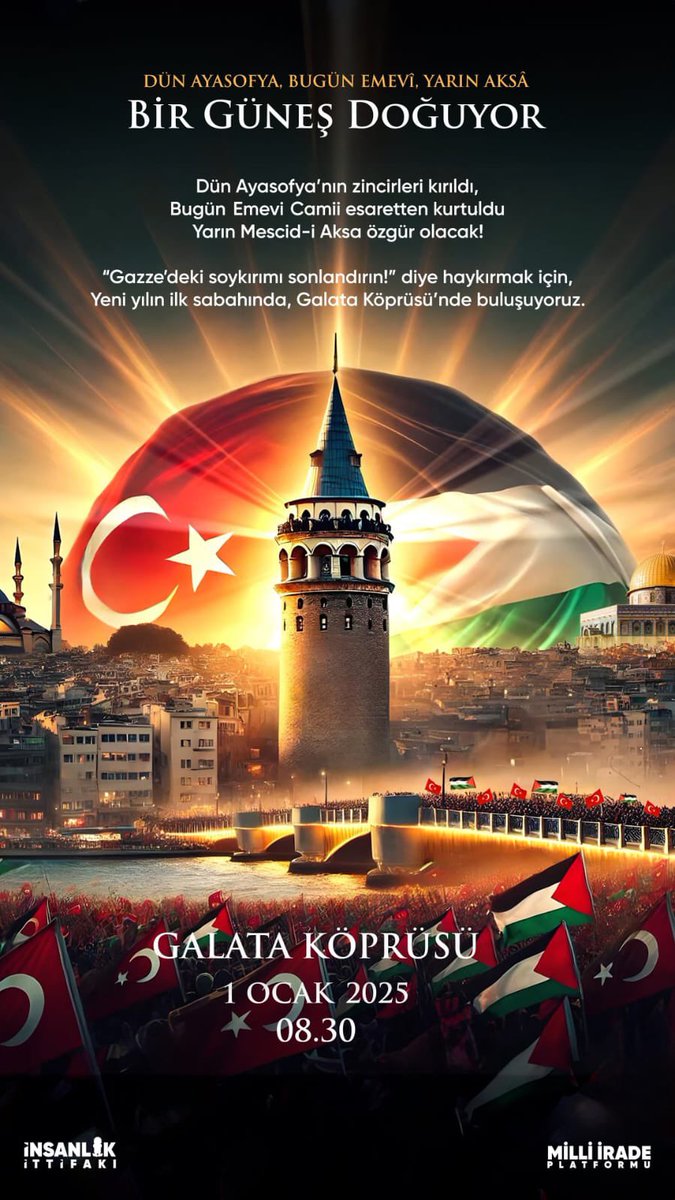 Filistinli kardeşlerimizin yanında olduğumuzu tüm dünyaya tekrar göstermek için
1 Ocak’ta Galata Köprüsü’nde Filistin için yürüyoruz‼️

Tüm vatandaşlarımızı bekliyoruz. 

🗓️ Tarih: 1 Ocak 2025
🕒 Saat: 08.30
📍 Yer: Galata Köprüsü

#GalatayaGel
#galatayagel