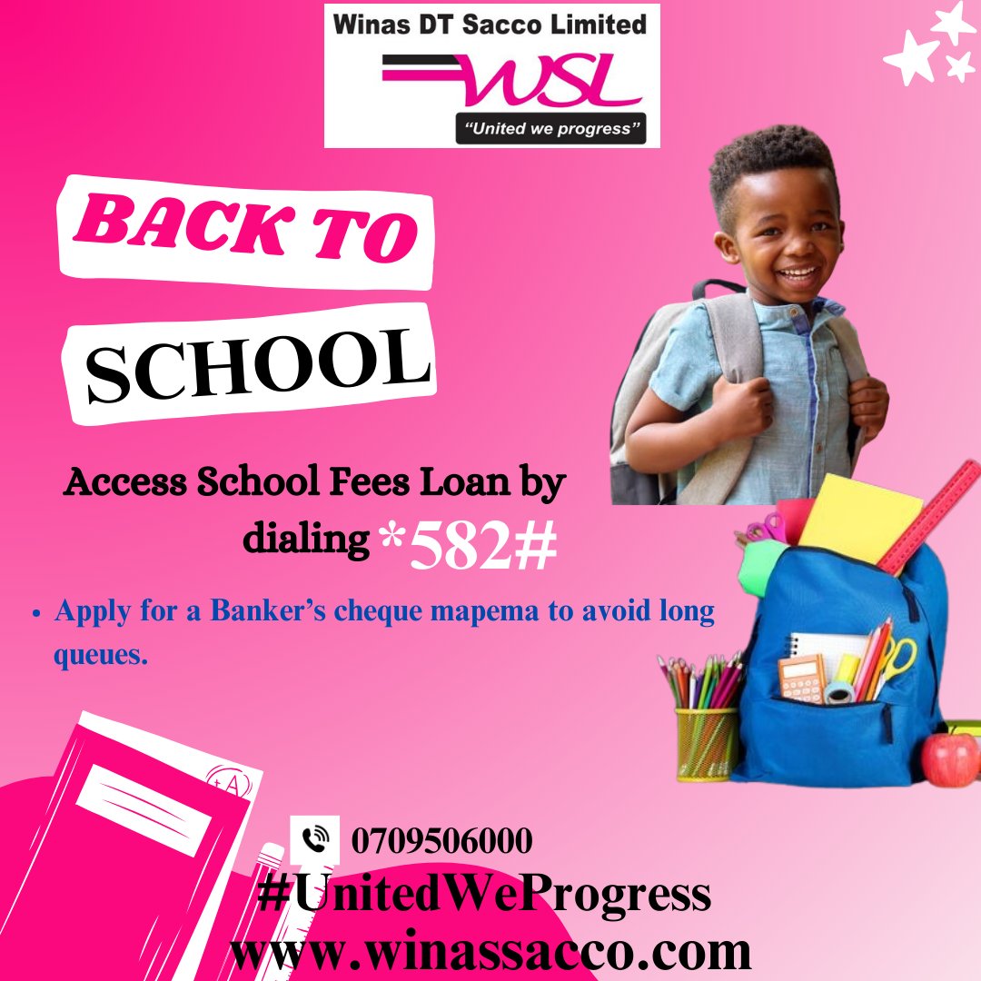 Winassacco's tweet photo. Je? Umejipanga for back to school?
A new school year means new beginnings. Prepare for back to school by accessing School Fees loan by dialing *582#. Apply for a banker's cheque to avoid long queues during the payments.
π 0709506000.
Email: info@winassacco.com
#UnitedWeProgress https://t.co/frGnaQ4Pz5