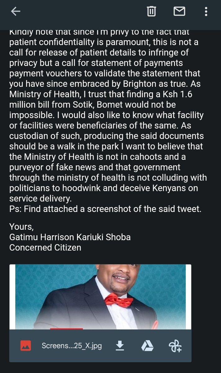 Shoba Gatimu (@shobanes) on Twitter photo Good morning <a href="/MOH_Kenya/">Ministry of Health</a> kindly find the below email request for proof of payment and payment vouchers on the below matter in your mailing box.
Regards. Good morning <a href="/MOH_Kenya/">Ministry of Health</a> kindly find the below email request for proof of payment and payment vouchers on the below matter in your mailing box.
Regards.