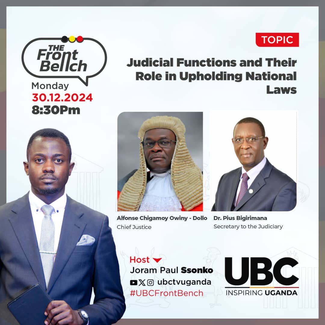 MoICT_Ug's tweet photo. The Front Bench is back! Join us tonight on @ubctvuganda at 8:30 PM for an insightful discussion on ‘Judicial Functions and Their Role in Upholding National Laws,’ featuring Chief Justice @ac_owinydollo and @PiusBigirimana, Secretary to the Judiciary.

Be part of the live conversation using #UBCFrontBench.