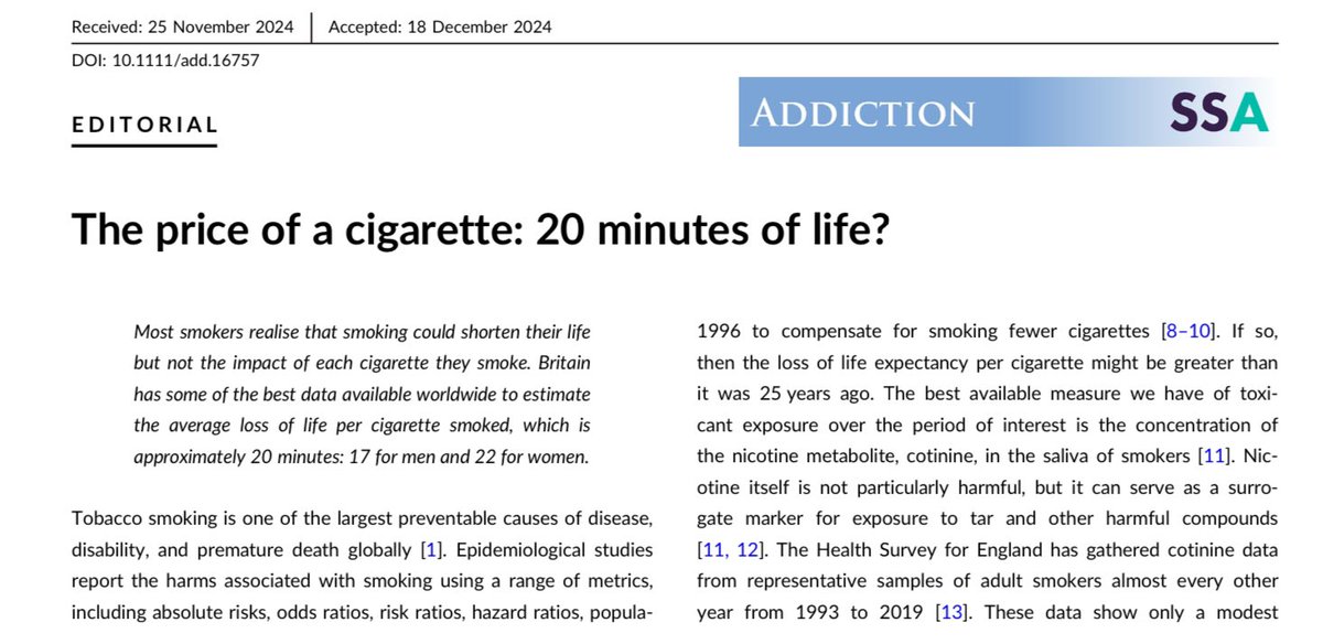 DrSarahEJackson's tweet image. Smoking kills.

It’s a message virtually everyone will have heard. But just how much does smoking affect life expectancy?

In a new editorial, we estimate that on average, each cigarette steals approximately 20 minutes of life.

onlinelibrary.wiley.com/doi/10.1111/ad…