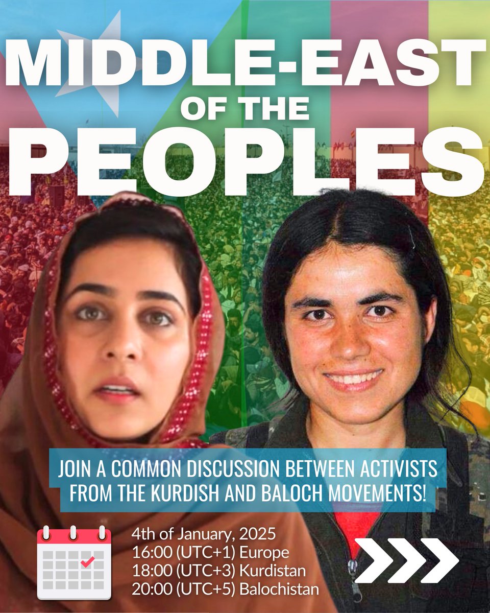ronahi_youth's tweet image. ⭕For A Middle-East of the Peoples!⭕(1/3) Join a common discussion between activists from the Kurdish and Baloch movements!

🗓️4th of January, 2025 16:00 (UTC+1) Europe / 18:00 (UTC+3) Kurdistan / 20:00 (UTC+5) Balochistan
Where? Twitter (X) space on @ronahi_youth