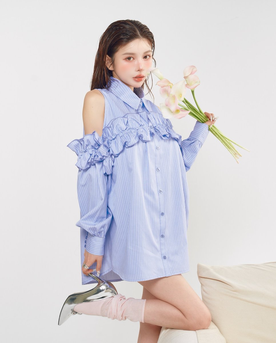 coming soon🫧✨ 【マルチストライプフリルシャツチュニック】 鮮やか Darich マルチストライプフリルシャツチュニック ピンク