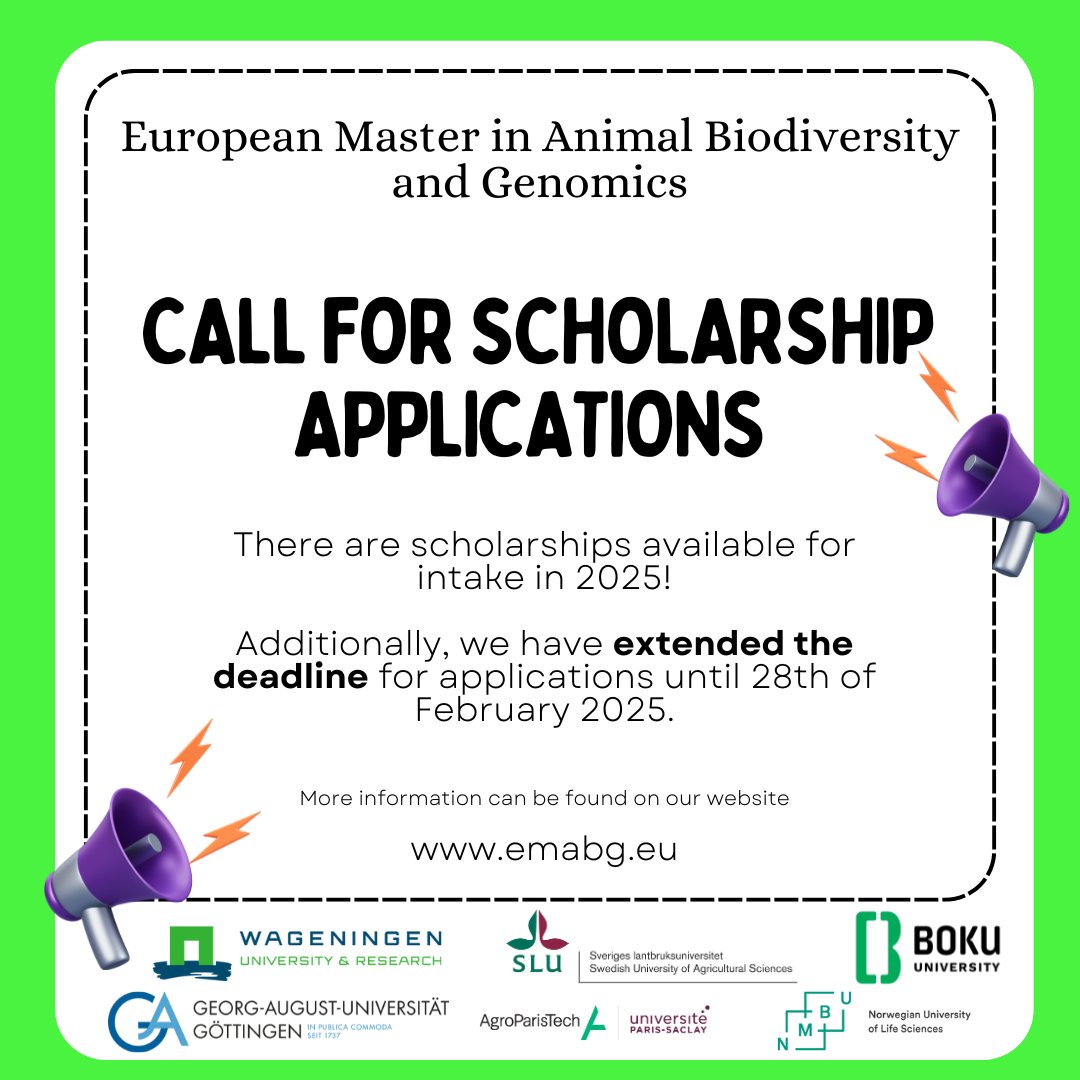 Great news! 
The #EMABG this time as European Master in Animal #Biodiversity and #Genomics was funded again by the EACEA !!!

The call for FULL scholarship applications is open until 28th Feb 2025! For details see emabg.eu

Please share this message widely.